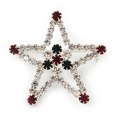 Red/Green/White Crystal 'Christmas Star' Brooch In Silver Plating - 4.5cm Length - main view