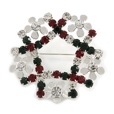 Red/Green/White Crystal Christmas Holly Wreath Brooch In Silver Plating - 3.5cm Diameter - main view