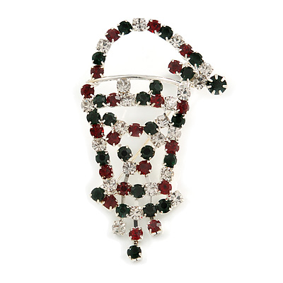Green/Red/White Crystal 'Santa' Christmas Brooch In Silver Plating - 5.5cm Drop - main view