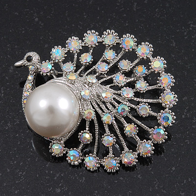 Unique AB Crystal/ Simulated Pearl 'Peacock' Brooch In Silver Plating - 5cm Length - main view