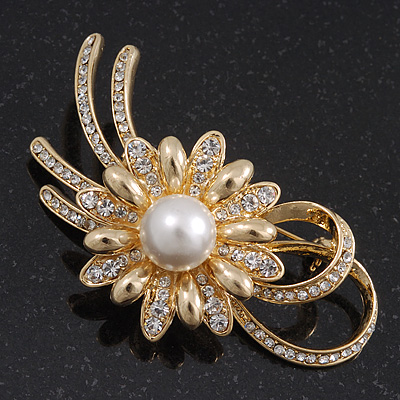 Gold Plated Diamante 'Flower & Bow' Bridal Brooch - 6.5cm Length - main view