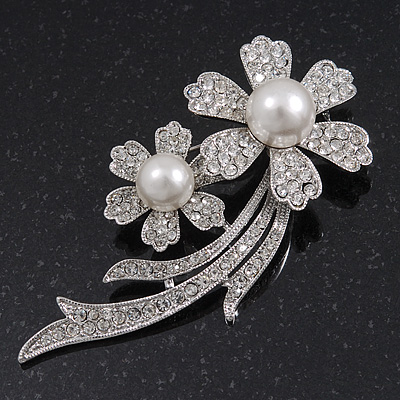 'Double Flower' Simulated Pearl/ Crystal Brooch In Rhodium Plating - 7.5cm Length
