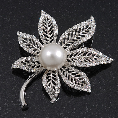Exquisite Filigree Swarovski Crystal/Simulated Pearl 'Leaf' Brooch In Silver Plating - 5cm Length