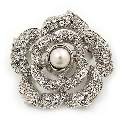 Romantic Swarovski Crystal 'Rose' Brooch In Silver Plating - 4cm Diameter - main view