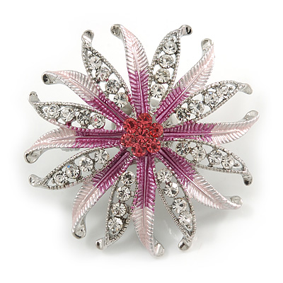 Pink/Magenta Enamel Diamante 'Flower' Brooch In Silver Plating - 4.5cm Diameter - main view