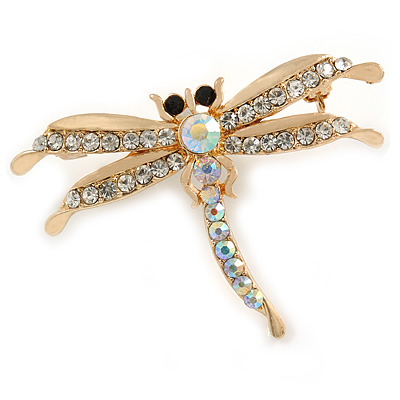 Delicate AB/ Clear Crystal 'Dragonfly' Brooch In Gold Plating - 5cm Width - main view