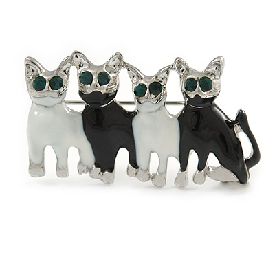 Black/White Enamel 'Happy Family Of Four Cats' Brooch In Rhodium Plating - 4.3cm Width