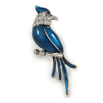 Dark Blue Enamel Exotic 'Bird' Brooch In Rhodium Plating - 5.5cm Length - main view