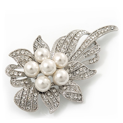 Bridal Swarovski Crystal Faux Pearl Floral Brooch In Rhodium Plating - 7cm Length - main view