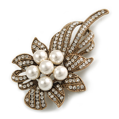 Vintage Bridal Swarovski Crystal Faux Pearl Floral Brooch In Burn Gold Tone - 7cm Length - main view