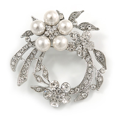 White Simulated Glass Pearl/ Clear Crystal Wreath Brooch In Rhodium Plating - 5cm Diameter - main view