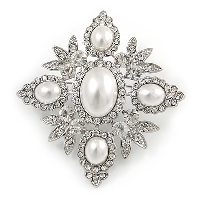 Bridal Swarovski Crystal Imitation Pearl Brooch In Rhodium Plating - 6cm Length - main view