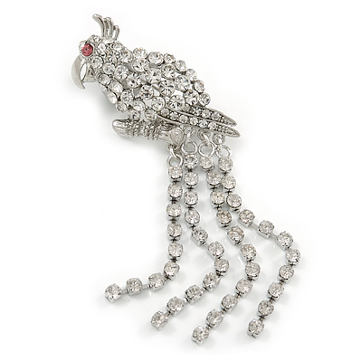 Clear Crystal 'Parrot With Dangling Tail' Brooch In Rhodium Plating - 8.5cm Length