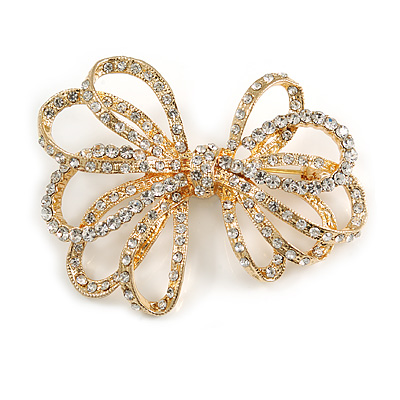 Clear Crystal Open 'Bow' Brooch In Gold Tone Metal - 5.5cm Width - main view