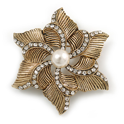 Vintage Textured Diamante, Simulated Pearl 'Flower' Brooch In Burn Gold Tone - 5cm Diameter - main view