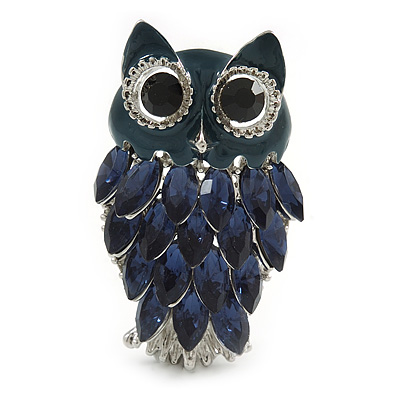 Navy Blue Diamante Enamel 'Owl' Brooch In Rhodium Plating - 5cm Length