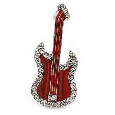 Red Enamel Diamante 'Guitar' Brooch In Rhodium Plating - 5cm Length - main view
