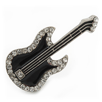 Black Enamel Diamante 'Guitar' Brooch In Rhodium Plating - 5cm Length - main view