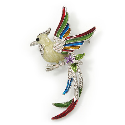 Multicoloured Enamel Diamante 'Bird' Brooch In Rhodium Plating - 6.5cm Length - main view