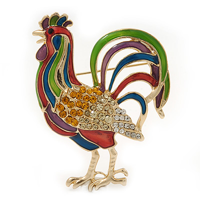 Multicoloured Enamel Diamante 'Rooster' Brooch In Gold Plating - 6cm Length - main view