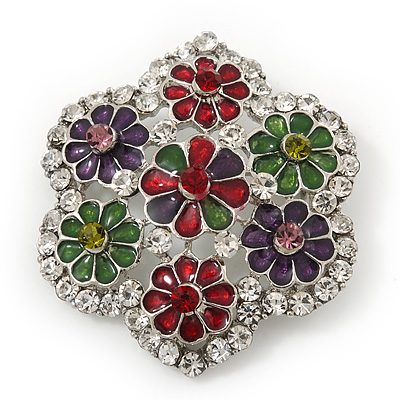 Multicoloured Enamel Diamante 'Flower' Brooch In Rhodium Plating - 4.5cm Diameter - main view