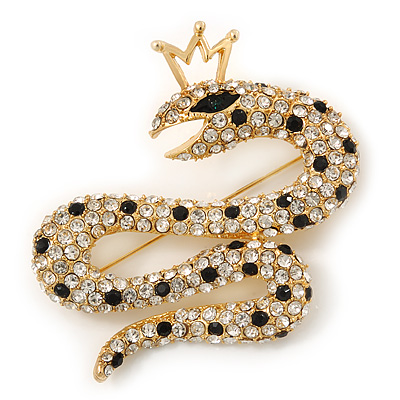 Queen Snake Black/Clear Diamante Brooch In Gold Plating - 5cm Width - main view