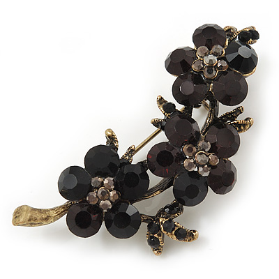 Crystal Floral Brooch (Antique Gold & Black) - 5.5cm Length - main view