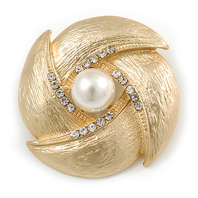 Vintage Textured Diamante, Simulated Pearl Corsage Brooch In Gold Plating - 4.5cm Diameter - main view