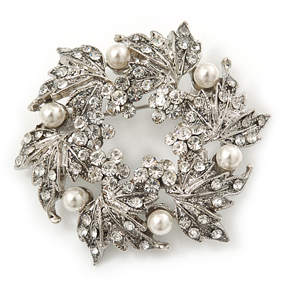 Clear Crystal, White Simulated Pearl Wreath Brooch In Rhodium Plating - 4cm Diameter - main view
