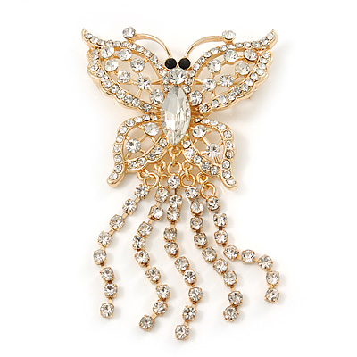 Gold Plated Clear Swarovski Crystal Butterfly With Dangling Tail Brooch - 8.5cm Length