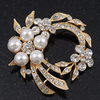 White Simulated Glass Pearl/ Clear Crystal Wreath Brooch In Gold Plating - 5cm Diameter - main view