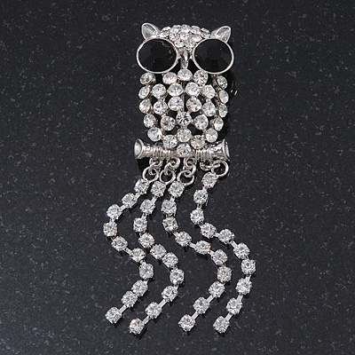 Clear Crystal 'Owl' With Dangling Tail Brooch In Rhodium Plating - 8.5cm Length - main view