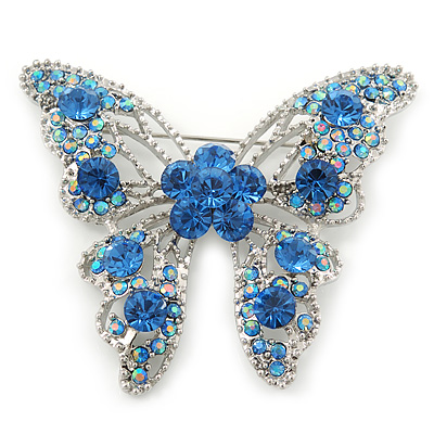 Dazzling Sky Blue Crystal Butterfly Brooch In Rhodium Plating - 6cm Length