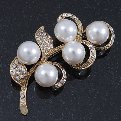 75mm Across Avalaya Large Vintage Inspired Simulated Pearl Crystal Cross Brooch in Gold Plating