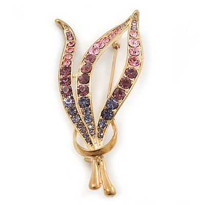 Gold Plated Diamante Fancy Brooch (Pink, Purple, Violet) - 55mm Length - main view