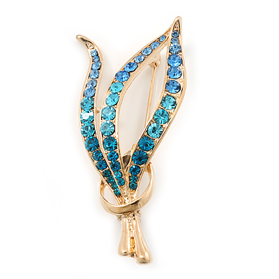 Gold Plated Diamante Fancy Brooch (Blue, Azure, Teal) - 55mm Length - main view
