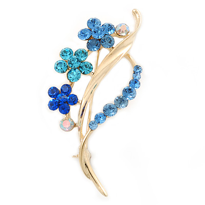 Sky Blue/ Azure/ Sapphire Blue Coloured Crystal 'Bunch Of Flowers' Brooch In Gold Plating - 62mm Length
