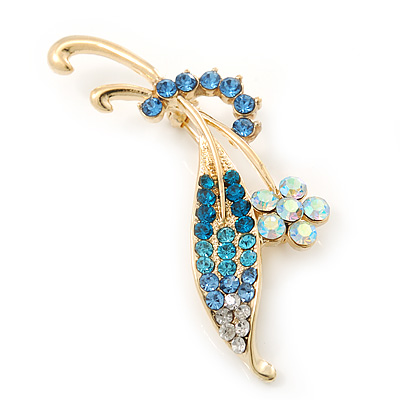Classic AB/ Blue/ Teal Daisy Flower Brooch In Gold Plating - 65mm Length - main view
