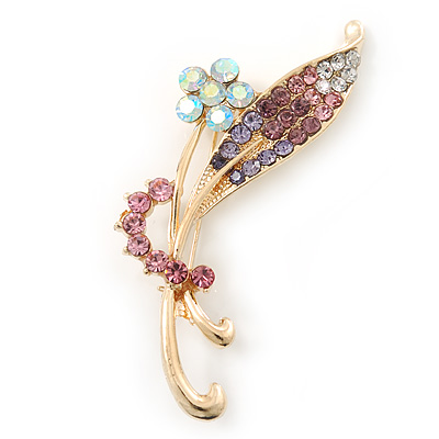 Classic AB/ Pink/ Purple Daisy Flower Brooch In Gold Plating - 65mm Length
