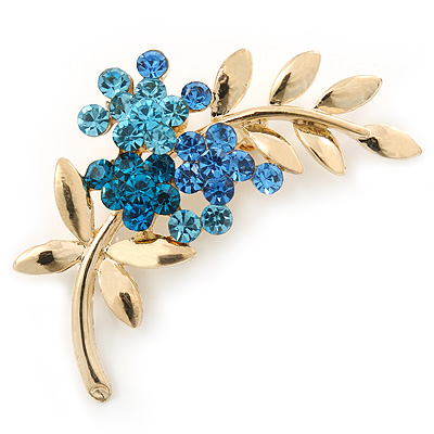 Blue Diamante Floral Brooch In Gold Plating - 50mm Length - main view