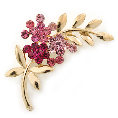 Pink Diamante Floral Brooch In Gold Plating - 50mm Length - main view