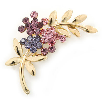 Purple Diamante Floral Brooch In Gold Plating - 50mm Length