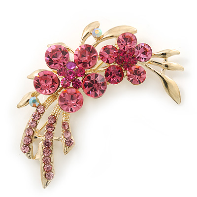 Pink Crystal Double Flower Brooch In Gold Plating - 55mm Length