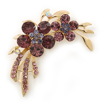 Amethyst Crystal Double Flower Brooch In Gold Plating - 55mm Length - main view