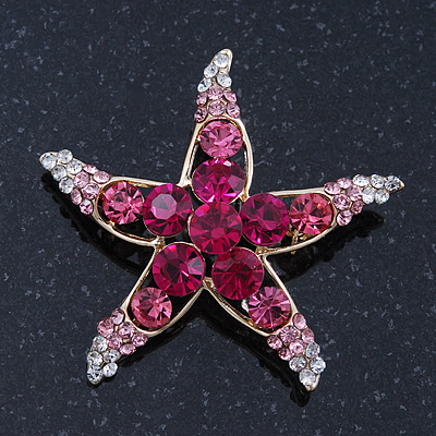 Fuchsia/Pink/ Clear Crystal 'Starfish' Brooch In Gold Plating - 48mm Width - main view