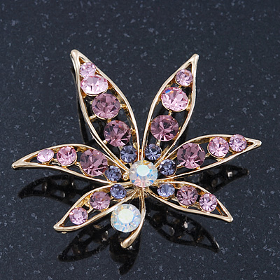 Purple/ Pink/ Clear 'Leaf' Brooch In Gold Plating - 52mm Length - main view