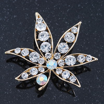 AB/ Clear 'Leaf' Brooch In Gold Plating - 52mm Length - main view