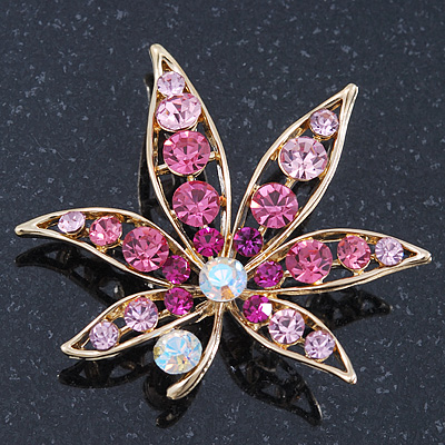 Fuchsia/Pink/ Clear 'Leaf' Brooch In Gold Plating - 52mm Length - main view