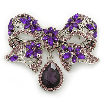 Luxurious CZ Purple/ Violet 'Bow' Charm Brooch In Rhodium Plated Metal - 70mm Width - main view