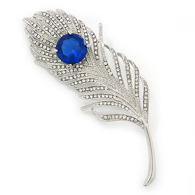 Large Swarovski Crystal Peacock 'Feather' Brooch In Rhodium Plating (Clear/ Sapphire Blue Colour) - 95mm Long - main view